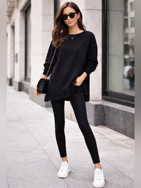 NA-KD Oversized Sweatshirt Tunic Pleated Sheer Hem Cotton Asymmetrical Crew Top